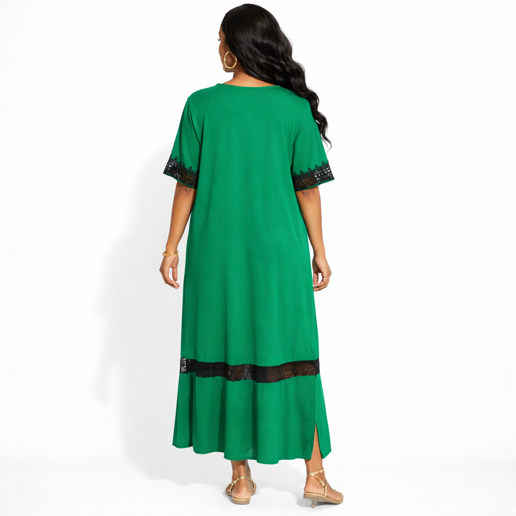 Emerald Lace Accent Tassel Maxi Gown